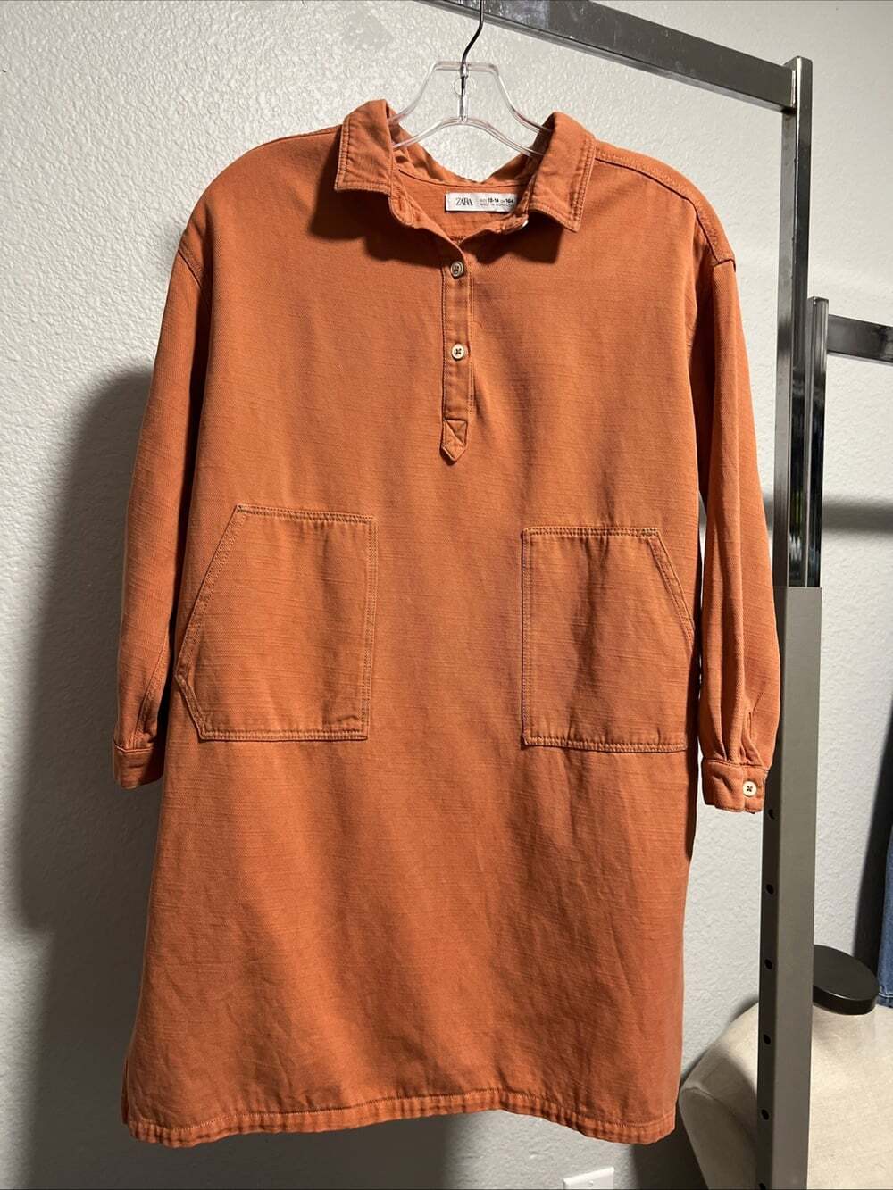 Zara Pullover Shirt Dress Size 13-14 Buttons Pockets Orange Slit Fall Cute